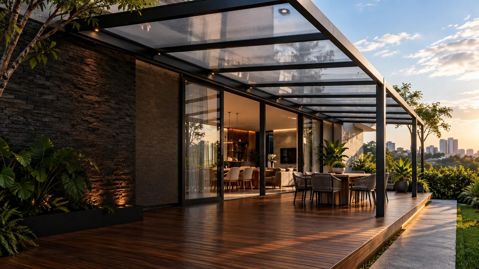 Área externa residencial com cobertura contemporânea em policarbonato e estrutura metálica